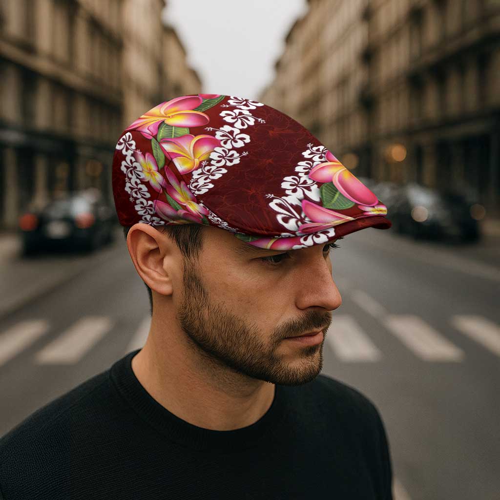 Oxblood Polynesia Jeff Hat Plumeria With Hibiscus Pattern Tropical Vibes LT14 - Polynesian Pride