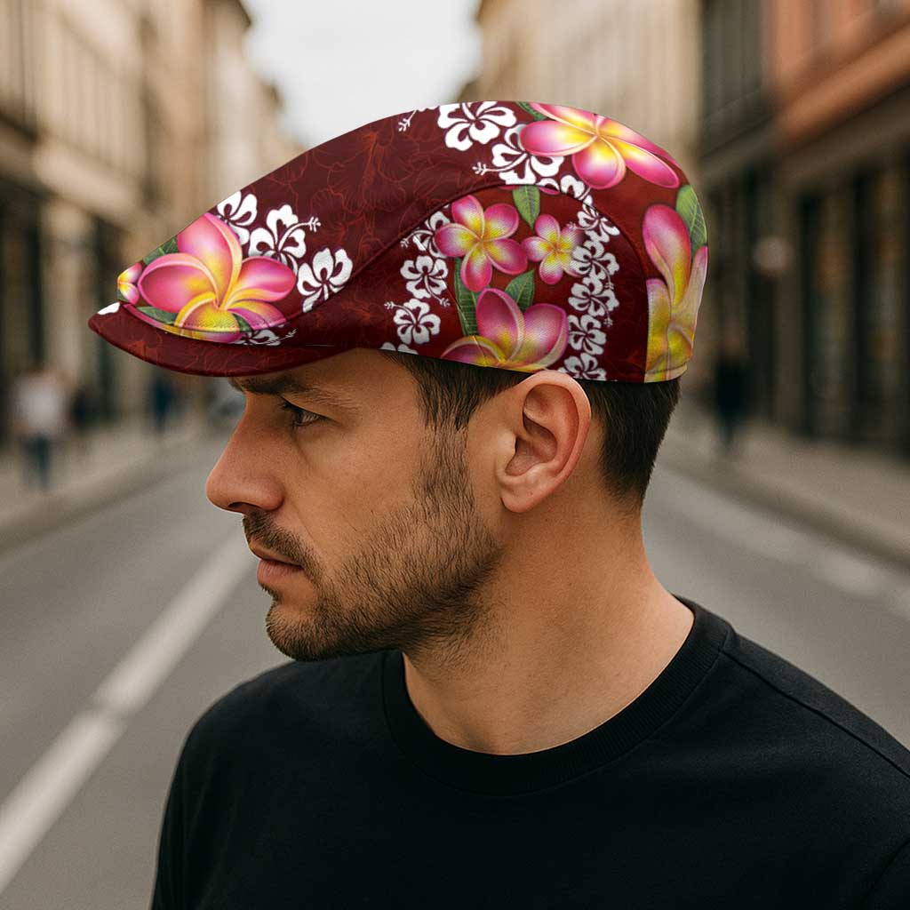 Oxblood Polynesia Jeff Hat Plumeria With Hibiscus Pattern Tropical Vibes LT14 - Polynesian Pride