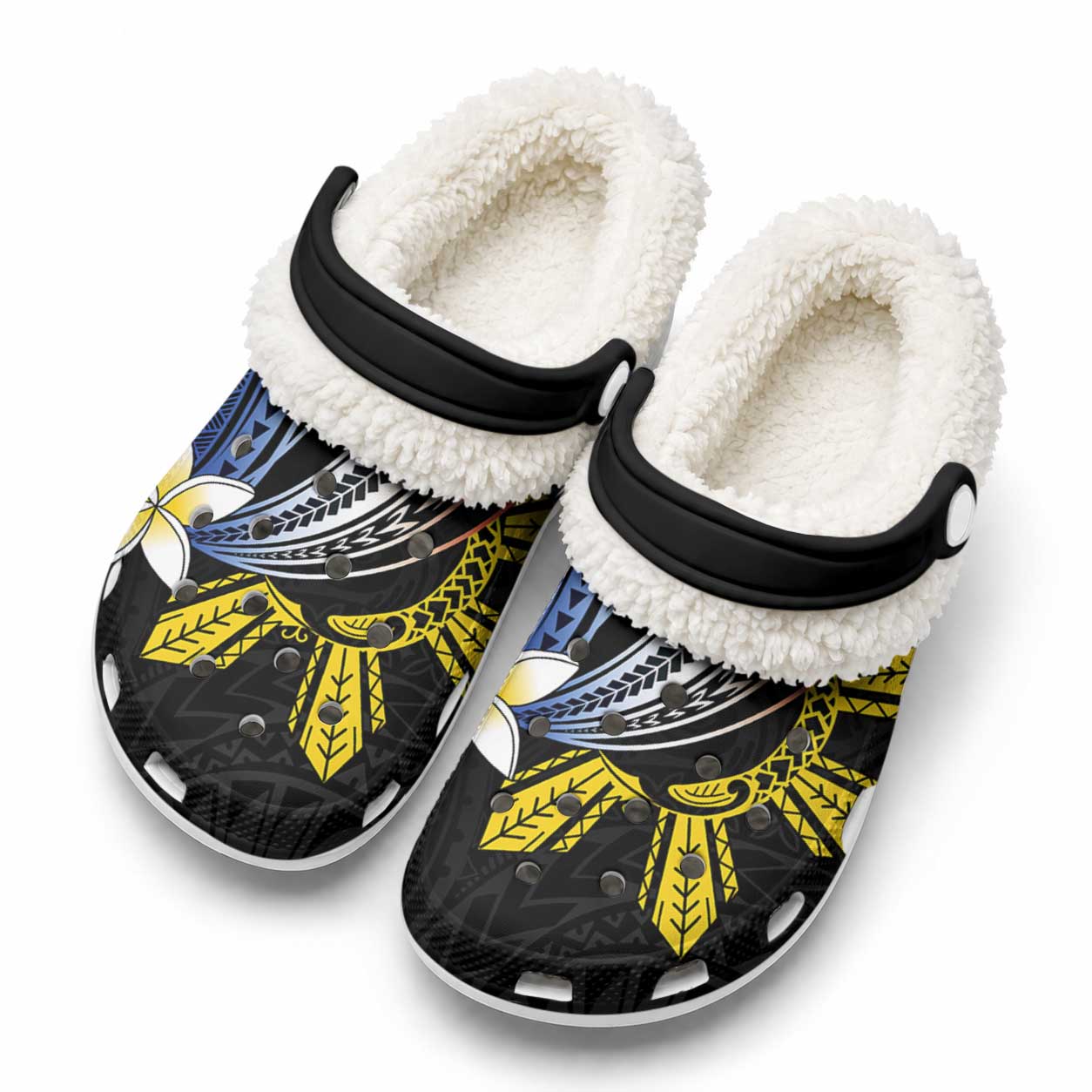 Philippines Tribal Fleece Clogs Tropical Waves - Plumeria LT7 Black - Polynesian Pride