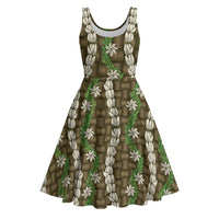 Pikake Maile Tiare Lei Midi Dress Natural Lauhala Pattern LT01 Brown - Polynesian Pride