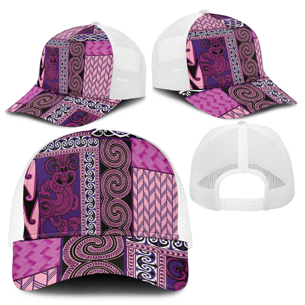 Pink Aotearoa Kowhaiwhai Pattern Mesh Trucker Cap NZ Maori Quilt Style LT14 - Polynesian Pride