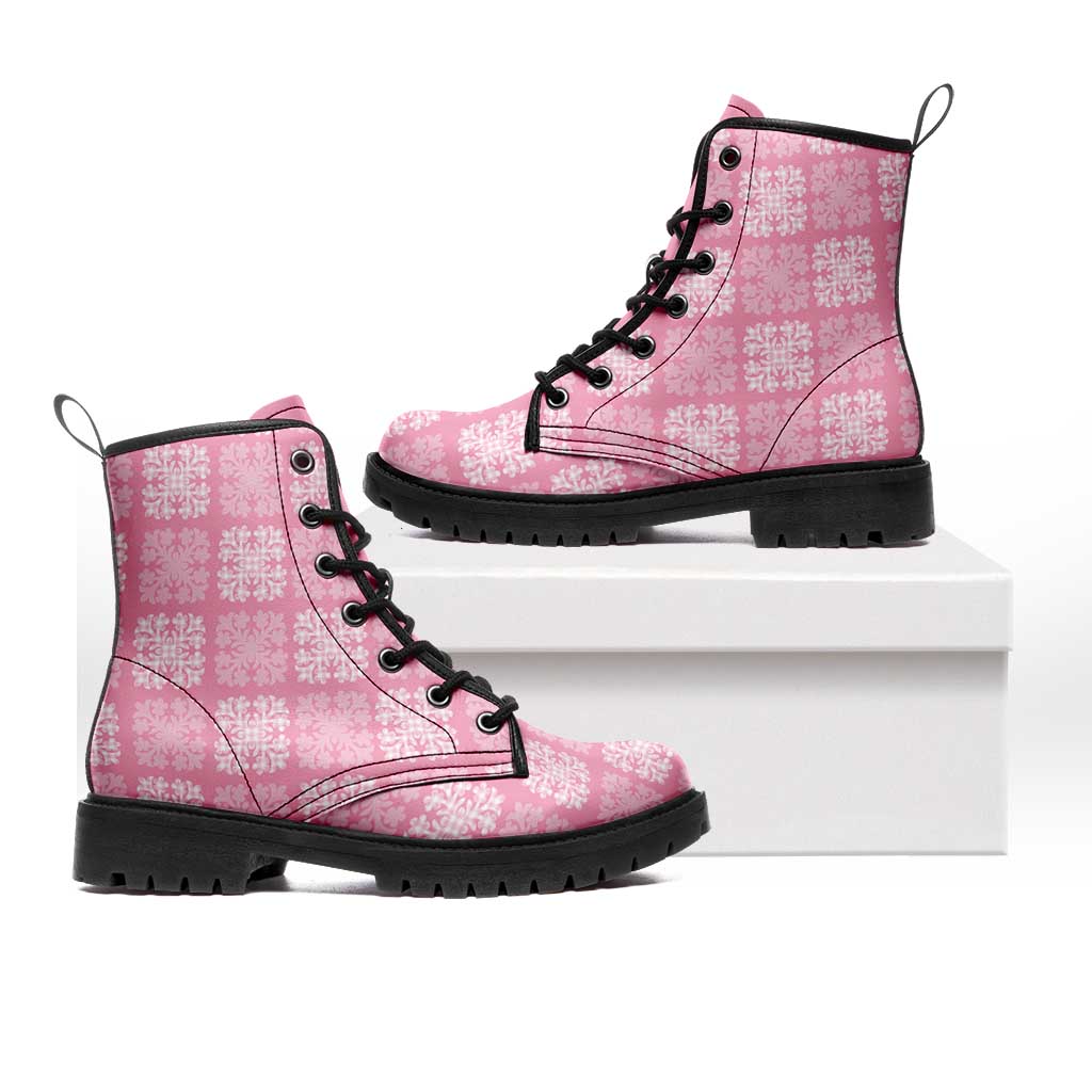 Pink Palaka Quilt Hawaii Leather Boots Traditional Hawaii-plaid Pattern LT14 Pink - Polynesian Pride