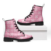 Pink Palaka Quilt Hawaii Leather Boots Traditional Hawaii-plaid Pattern LT14 Pink - Polynesian Pride