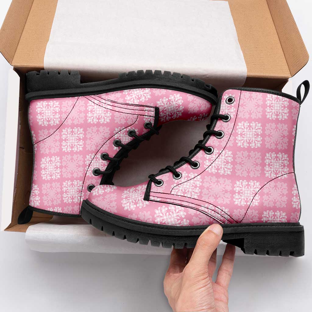 Pink Palaka Quilt Hawaii Leather Boots Traditional Hawaii-plaid Pattern LT14 - Polynesian Pride