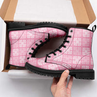 Pink Palaka Quilt Hawaii Leather Boots Traditional Hawaii-plaid Pattern LT14 - Polynesian Pride