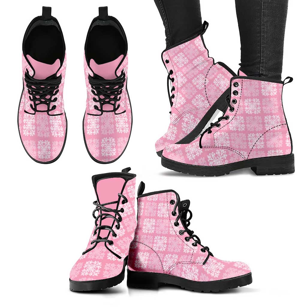 Pink Palaka Quilt Hawaii Leather Boots Traditional Hawaii-plaid Pattern LT14 - Polynesian Pride