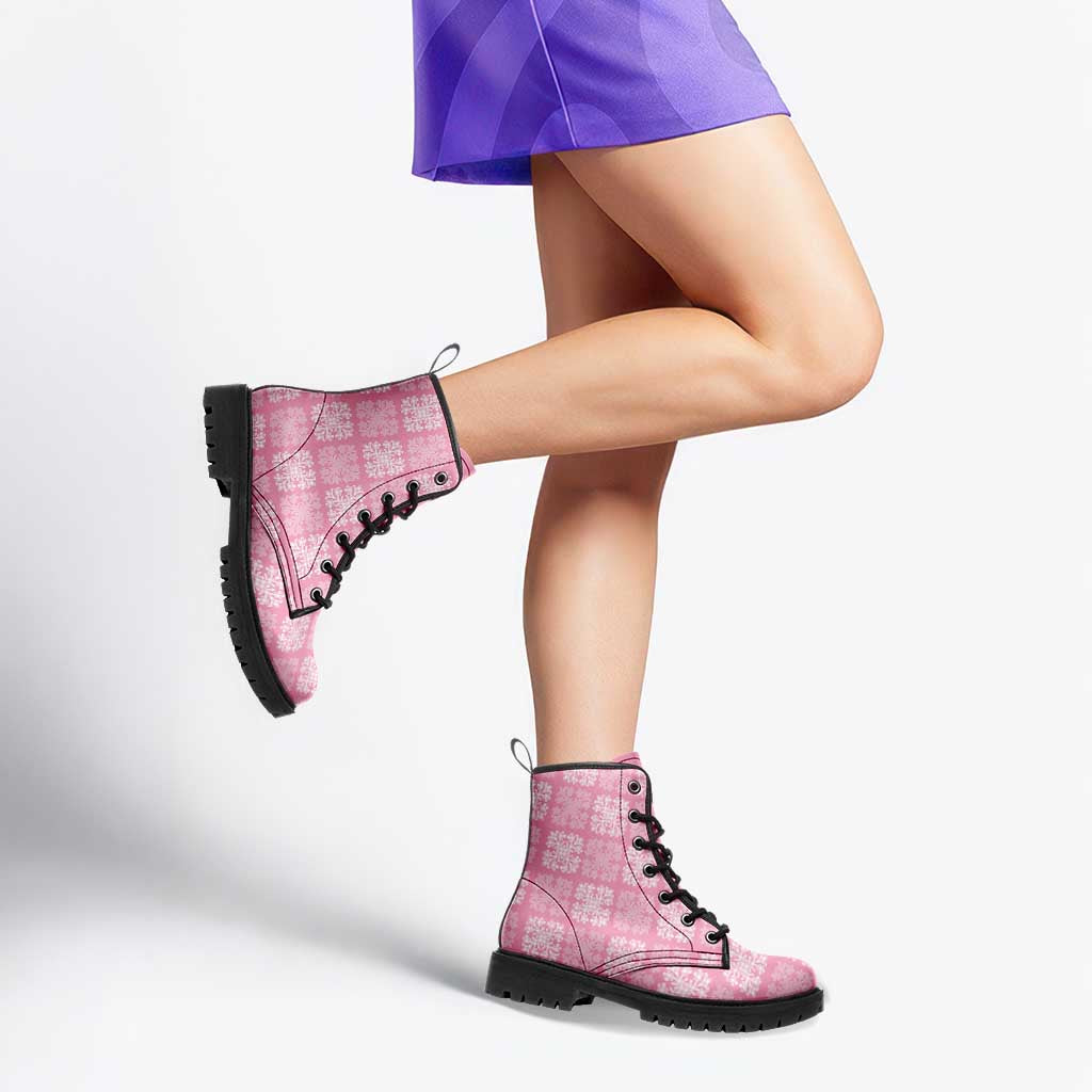 Pink Palaka Quilt Hawaii Leather Boots Traditional Hawaii-plaid Pattern LT14 - Polynesian Pride