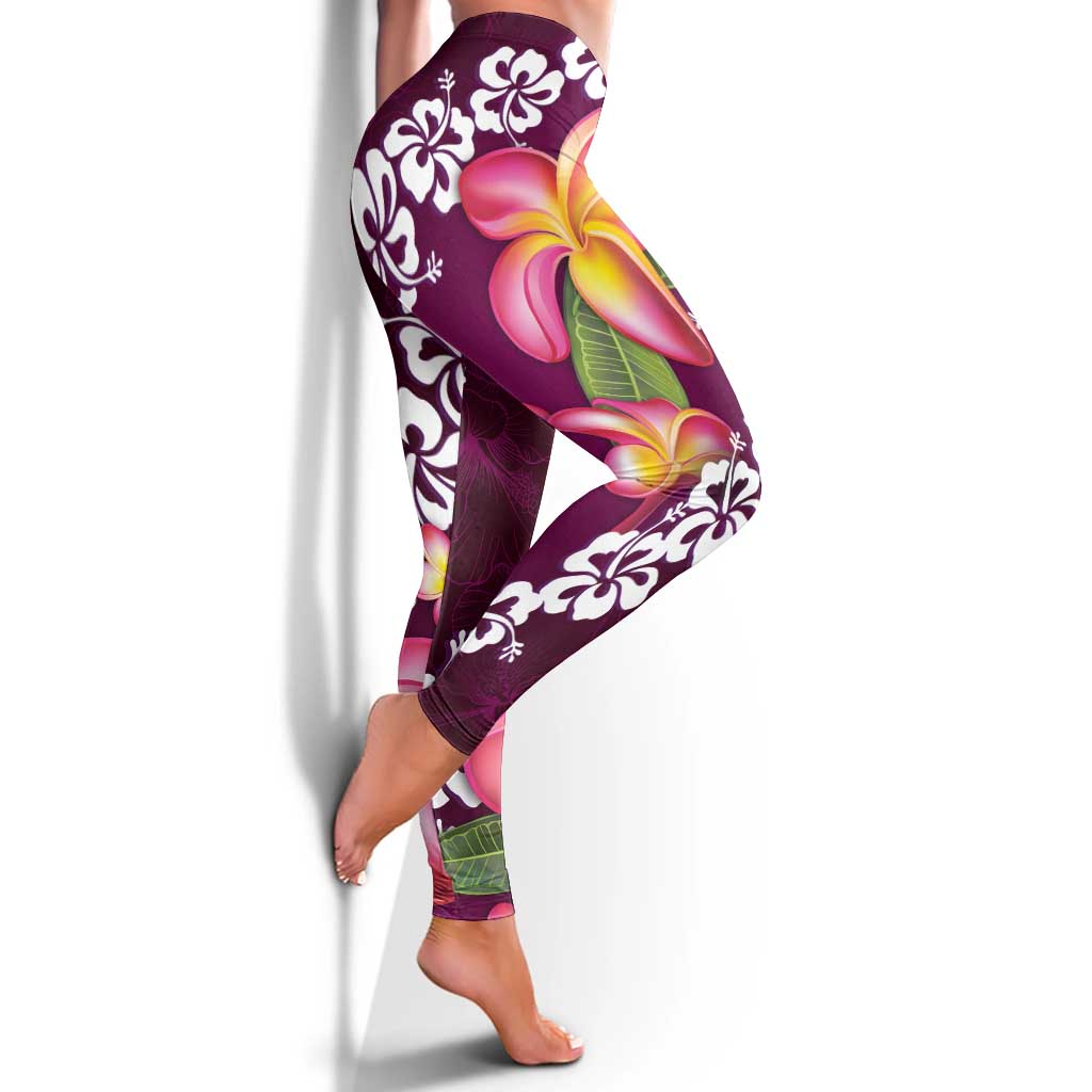 Pink Polynesia Leggings Plumeria With Hibiscus Pattern Tropical Vibes LT14 - Polynesian Pride