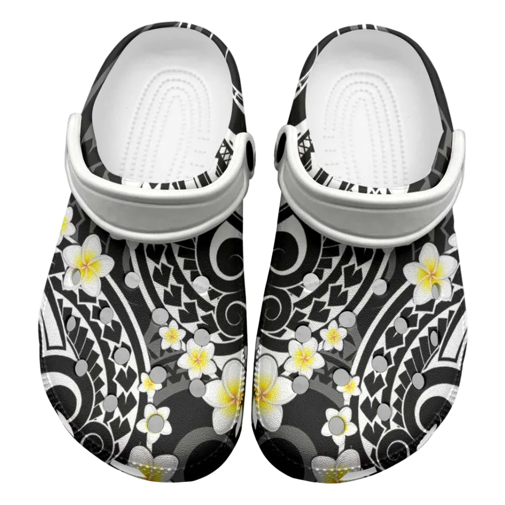 Plumeria With Black Polynesian Tattoo Pattern Clogs Shoes LT05 Black - Polynesian Pride