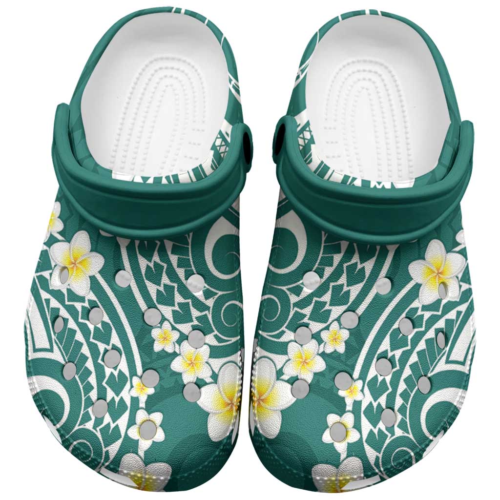 Plumeria With Teal Polynesian Tattoo Pattern Clogs Shoes LT05 Teal - Polynesian Pride
