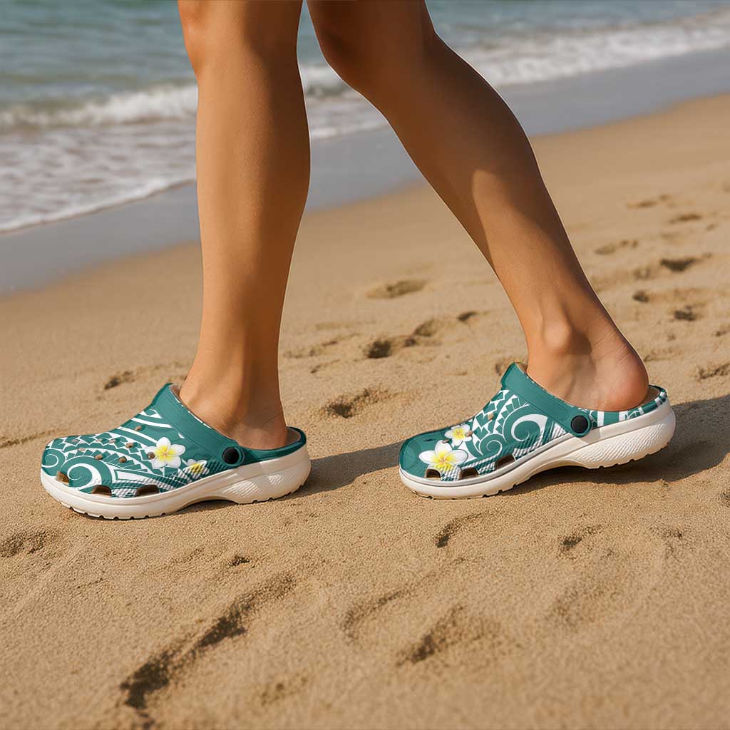 Plumeria With Teal Polynesian Tattoo Pattern Clogs Shoes LT05 - Polynesian Pride