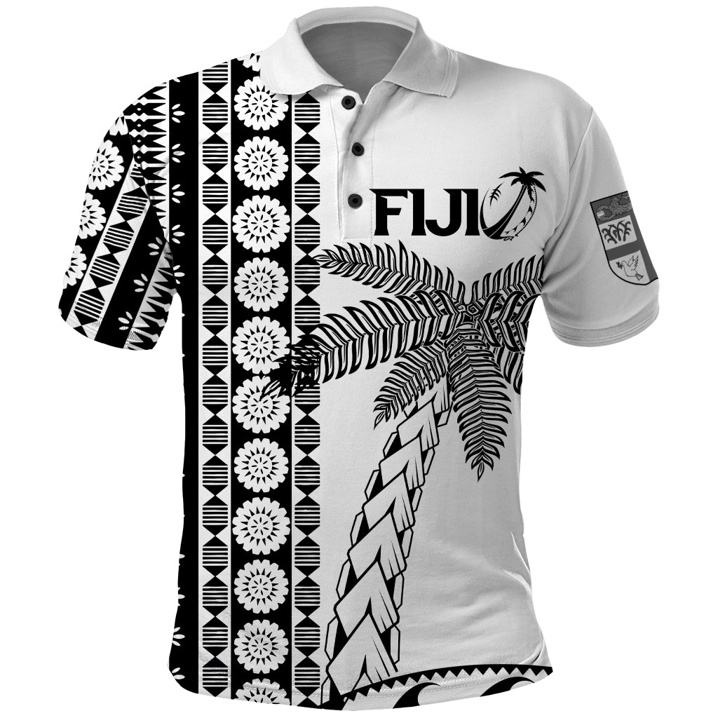 Custom Fiji Rugby Polo Shirt Coconut Tree With Tapa Pattern LT12 White - Polynesian Pride