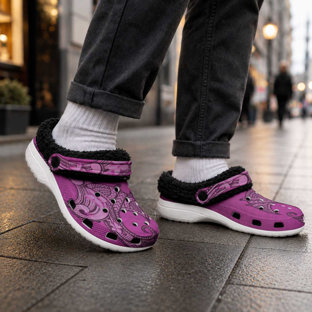 Polynesia Manta Ray Tattoo Fleece Clogs Tropical Plumeria Pink Polynesian Pattern LT14 - Polynesian Pride