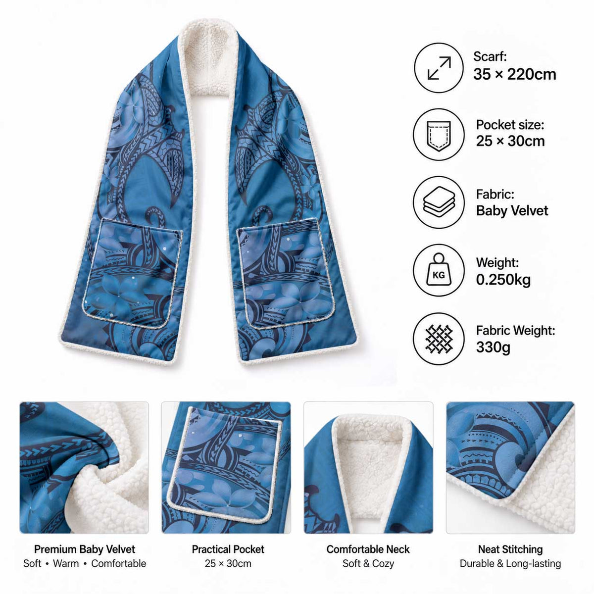 Polynesia Manta Ray Tattoo Pocket Scarf Tropical Plumeria Blue Polynesian Pattern LT14 - Polynesian Pride