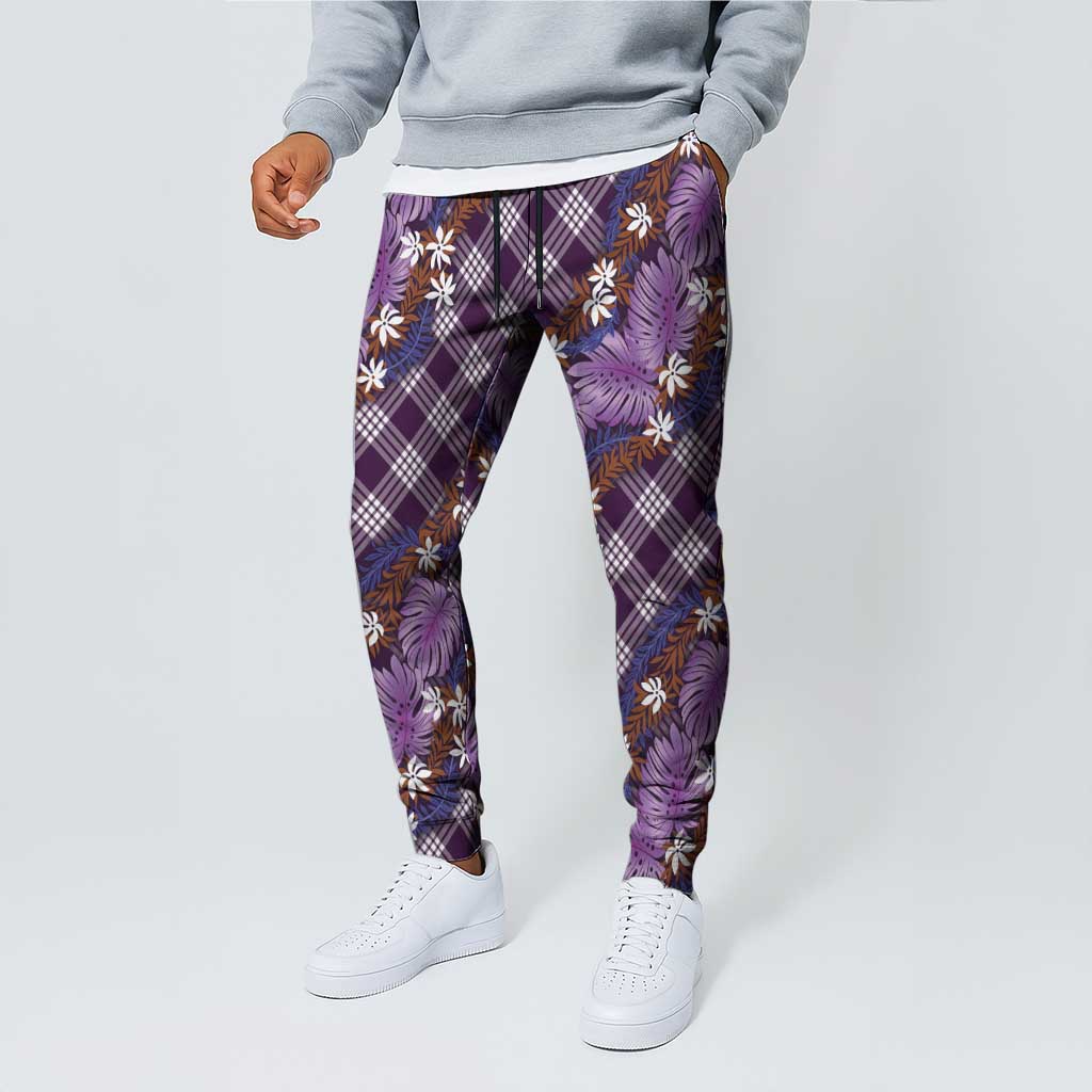 Polynesian Monstera Tiare Floral Jogger Pants Lavender Tropical Plaid LT01 - Polynesian Pride
