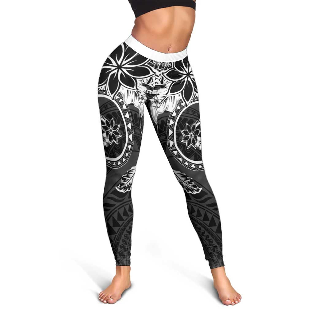Polynesian Pattern With Plumeria Flowers Leggings Black LT05 - Polynesian Pride