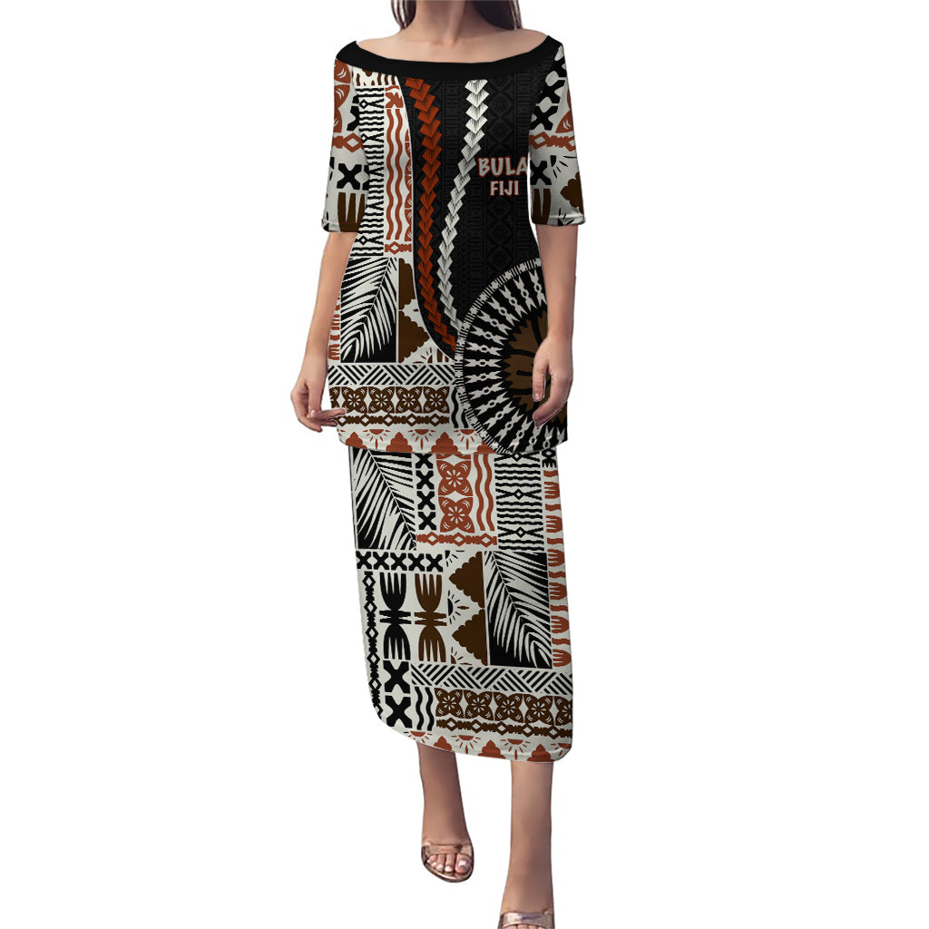 Bula Fiji Puletasi Dress Masi Tapa Patterns Style LT6 Women Brown - Polynesian Pride