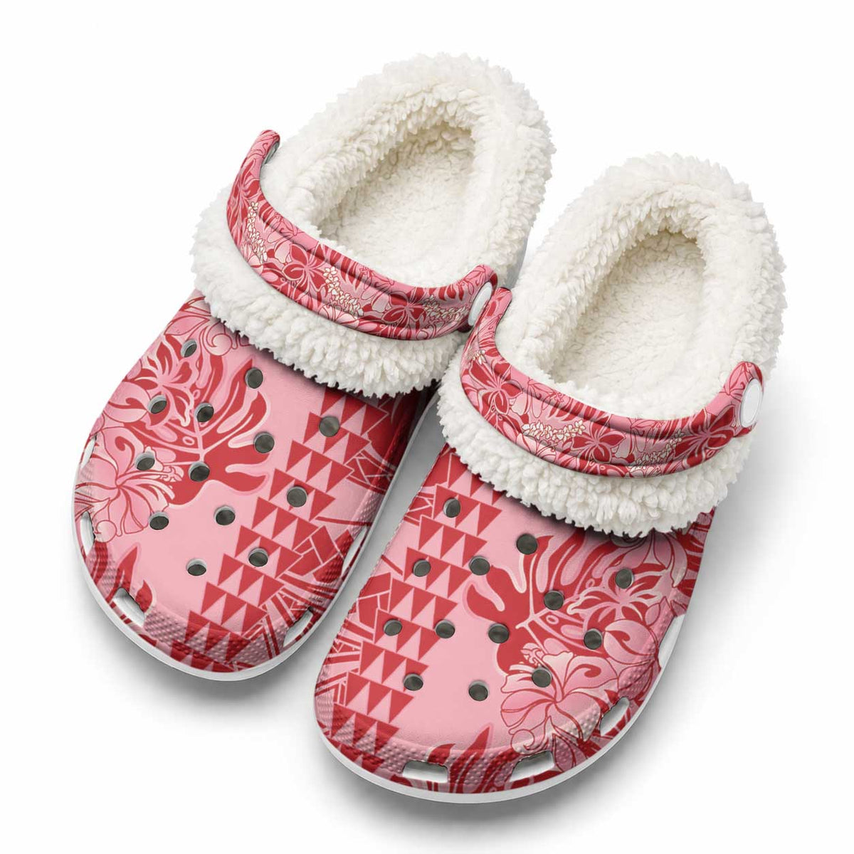 Red Hibiscus Monstera Seamless Kakau Hawaii Fleece Clogs