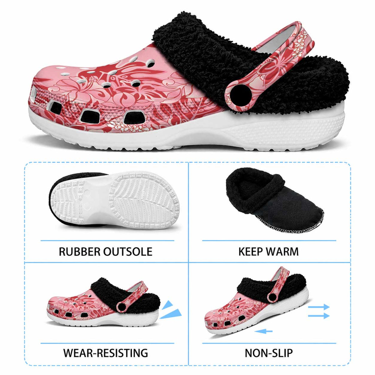 Red Hibiscus Monstera Seamless Kakau Hawaii Fleece Clogs