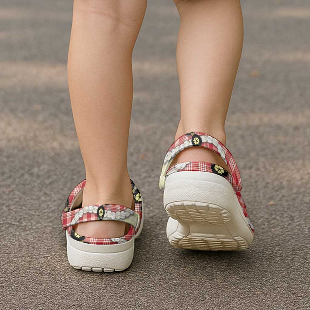 Red Palaka Hawaii Clogs Shoes Kukui Nut Pikake Lei Hawaiian Tapa Pattern LT14 - Polynesian Pride