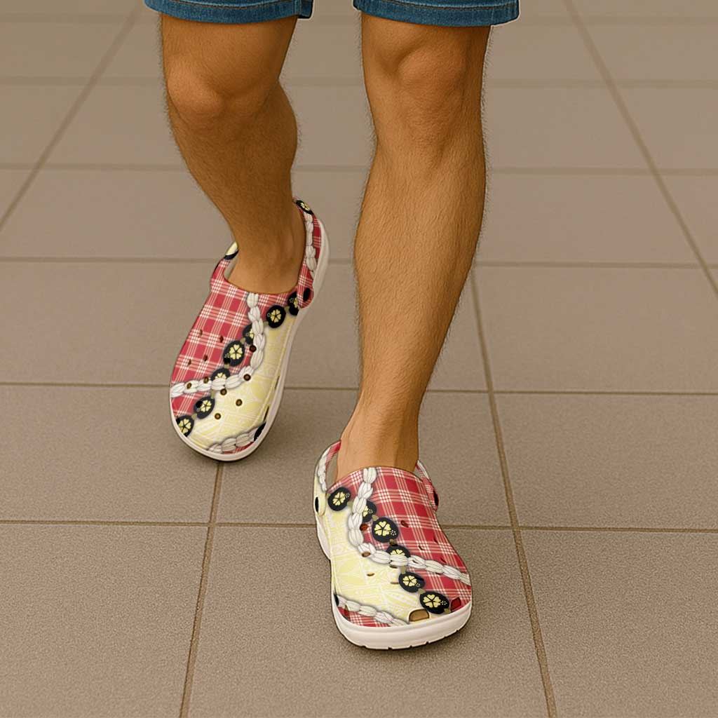 Red Palaka Hawaii Clogs Shoes Kukui Nut Pikake Lei Hawaiian Tapa Pattern LT14 - Polynesian Pride
