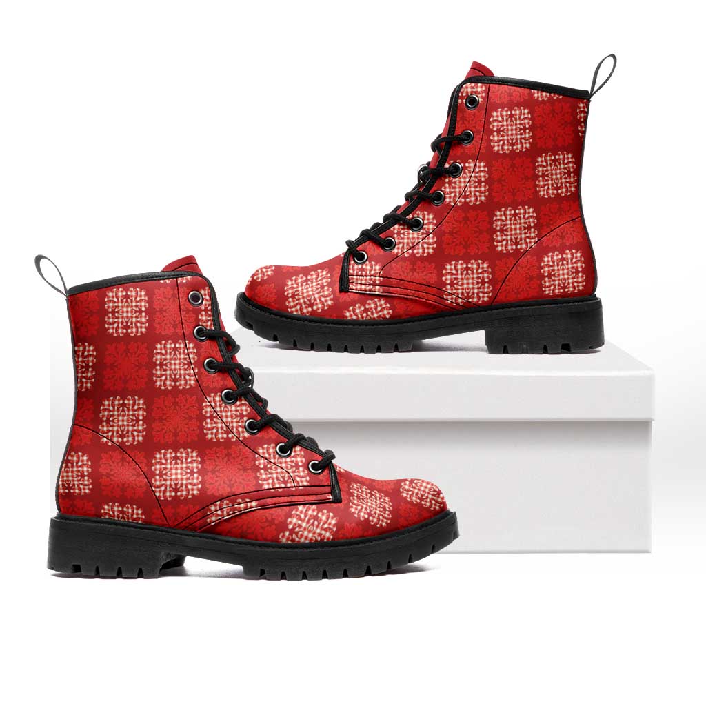 Red Palaka Quilt Hawaii Leather Boots Traditional Hawaii-plaid Pattern LT14 Red - Polynesian Pride