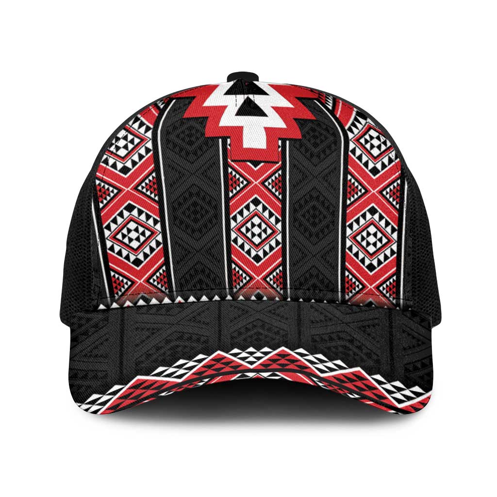 Red Taniko Aotearoa Baseball Net Cap Niho Taniwha Mix Poutama LT14 One Size Black Red - Polynesian Pride