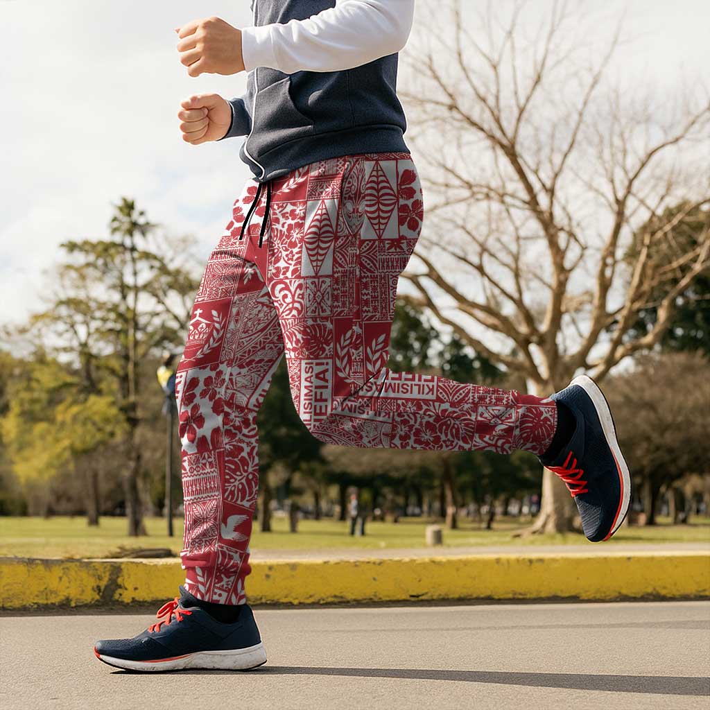 Red Tonga Kilisimasi Fiefia Jogger Pants Pacific Patchwork Xmas Vibes LT9 - Polynesian Pride