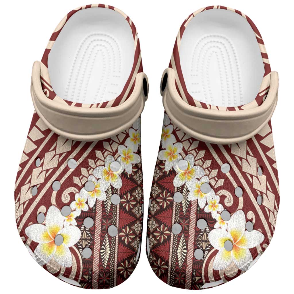 Red Vintage Tonga Ngatu Pattern With Plumeria Clogs Shoes LT05 Red - Polynesian Pride
