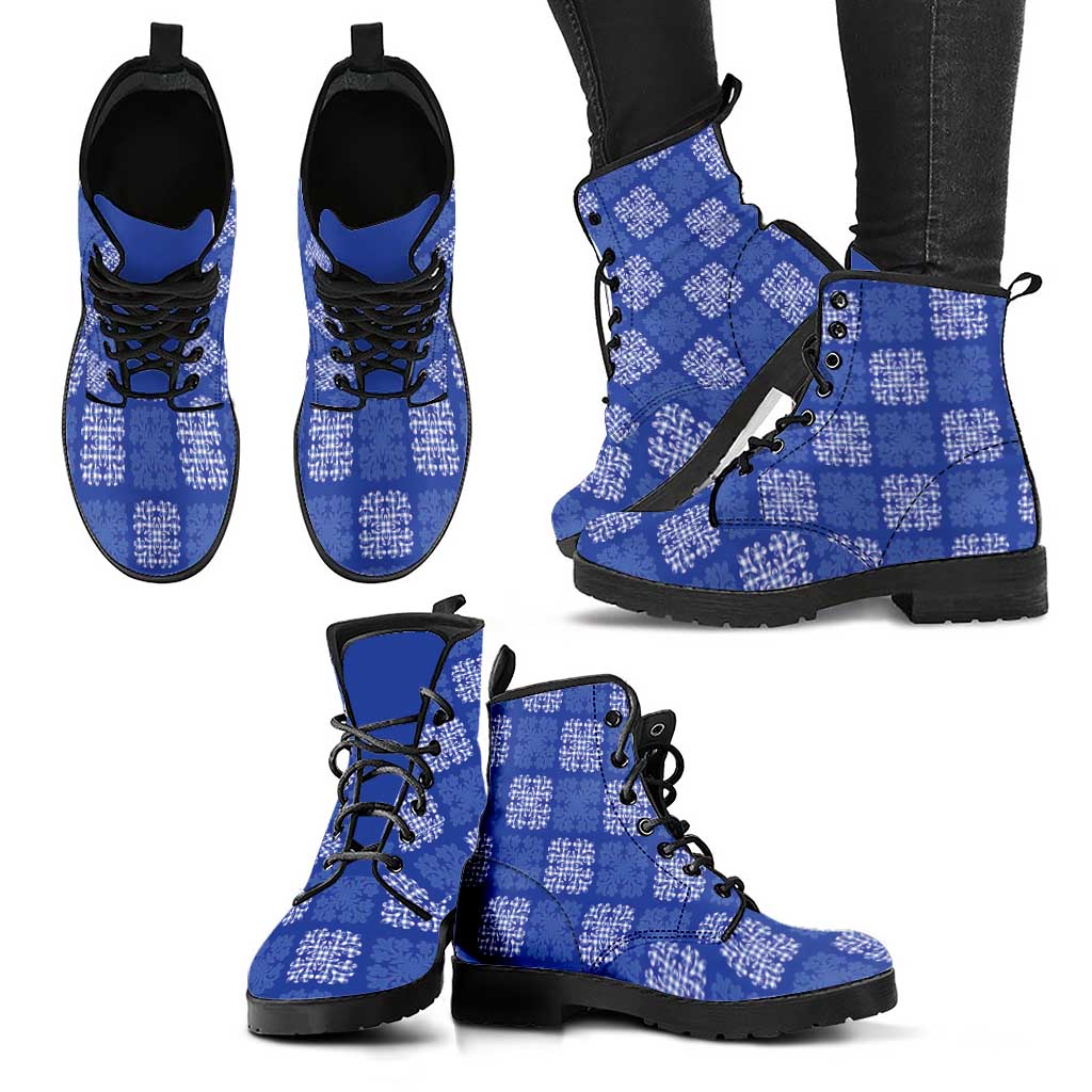 Royal Blue Palaka Quilt Hawaii Leather Boots Traditional Hawaii-plaid Pattern LT14 - Polynesian Pride