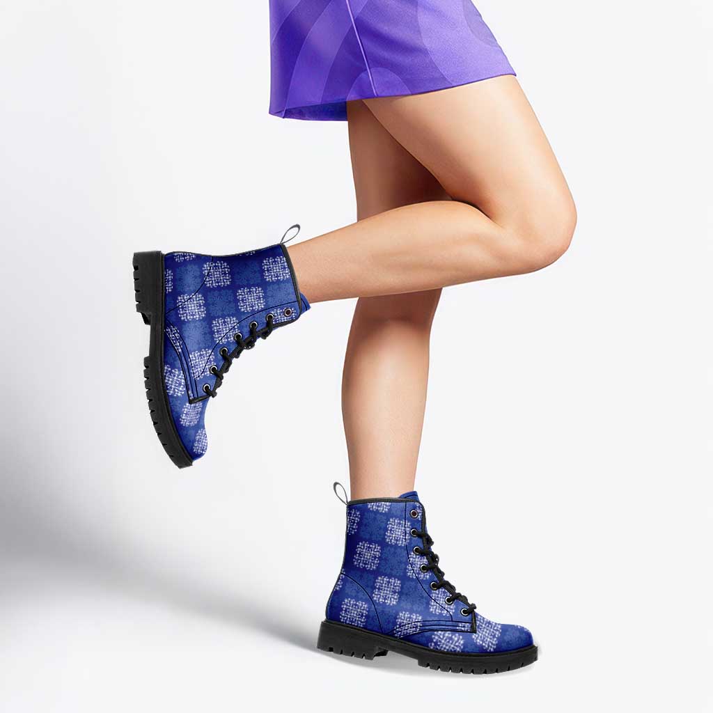 Royal Blue Palaka Quilt Hawaii Leather Boots Traditional Hawaii-plaid Pattern LT14 - Polynesian Pride