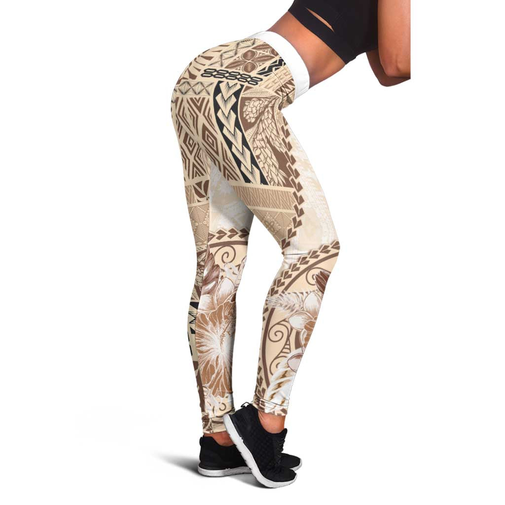 Samoa Siapo Elegant Leggings Hibiscus Beige Motifs LT05 - Polynesian Pride