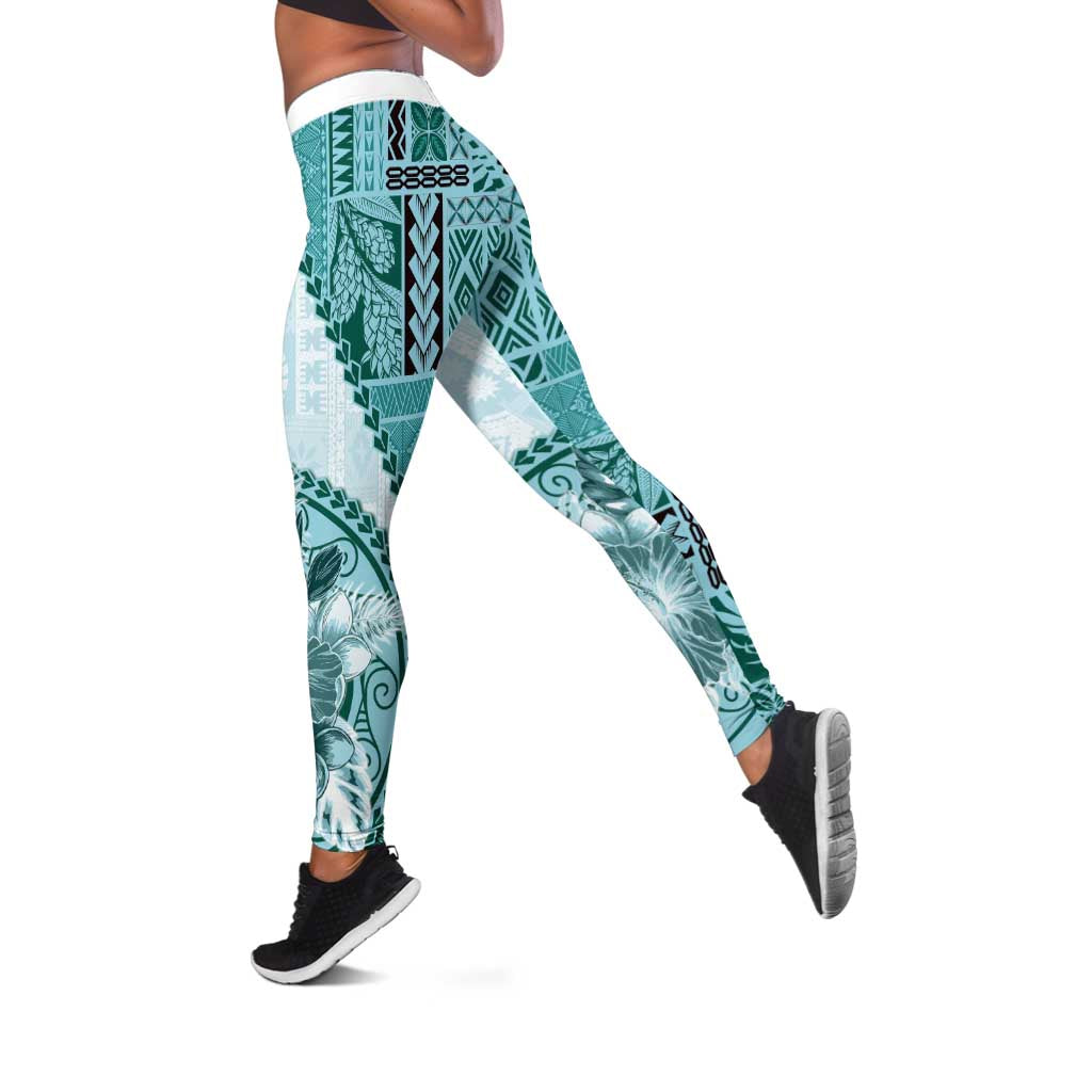 Samoa Siapo Elegant Leggings Hibiscus Teal Motifs LT05 Teal - Polynesian Pride