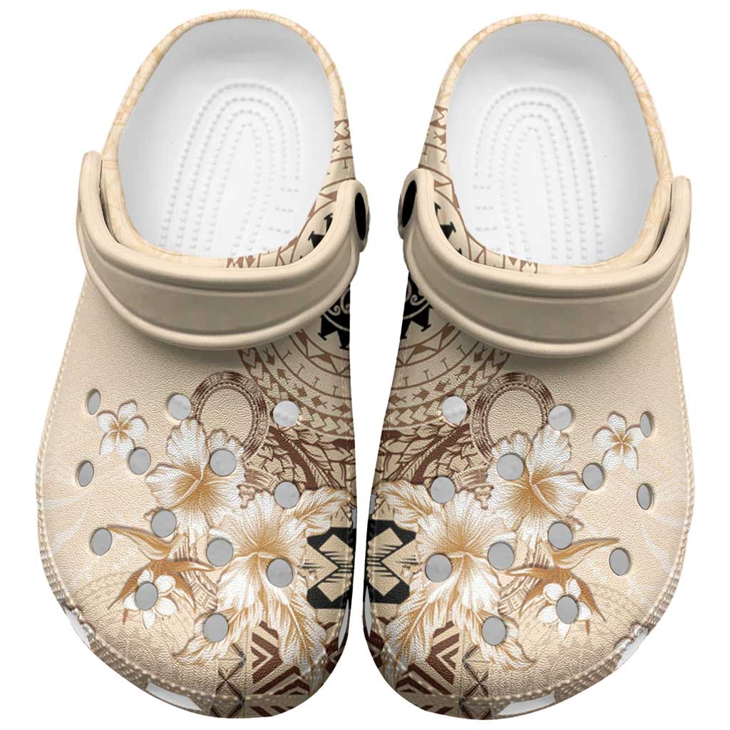Samoa Siapo Pattern With Beige Hibiscus Clogs Shoes LT05 Beige - Polynesian Pride