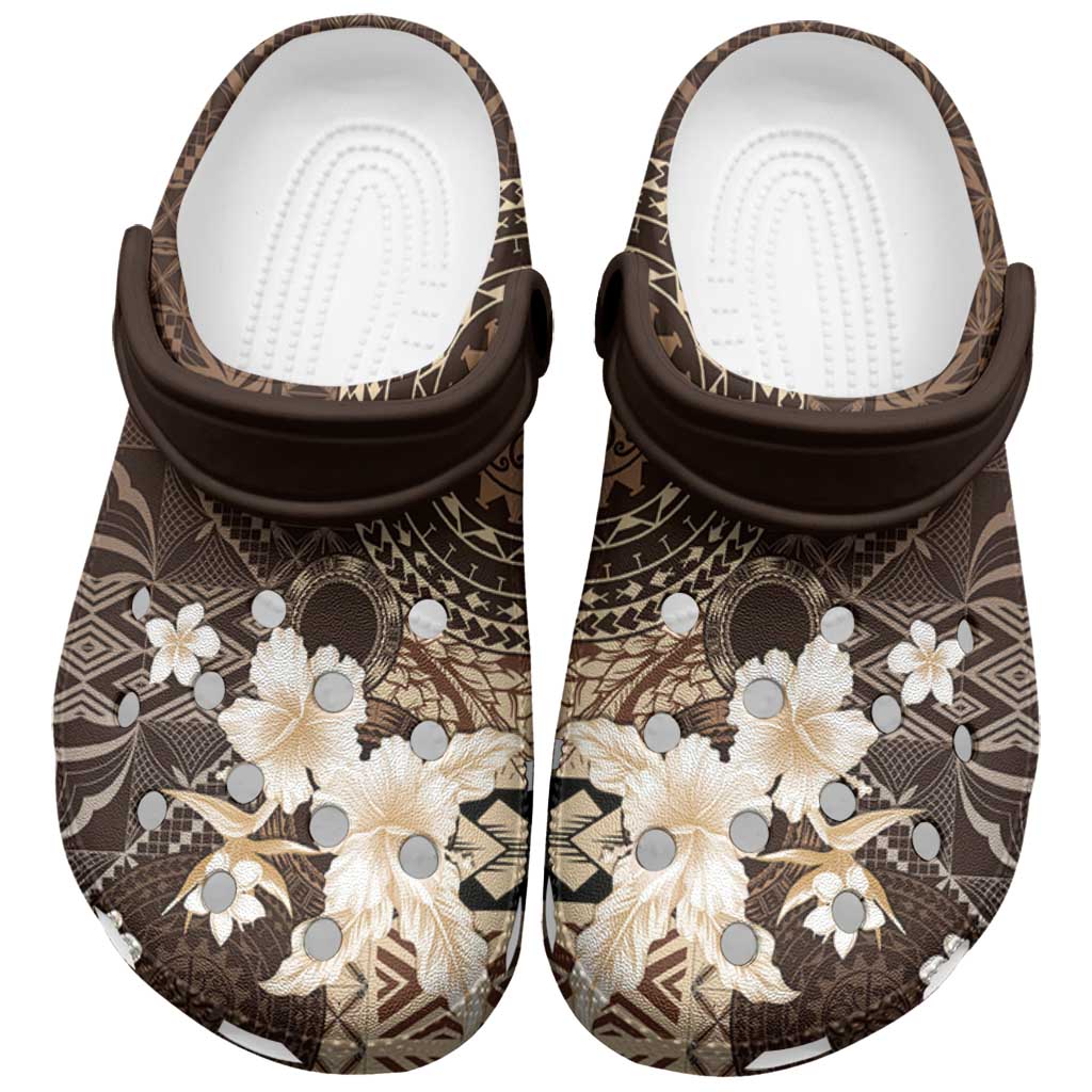 Samoa Siapo Pattern With Brown Hibiscus Clogs Shoes LT05 Brown - Polynesian Pride