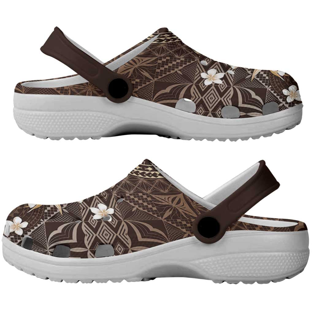 Samoa Siapo Pattern With Brown Hibiscus Clogs Shoes LT05 - Polynesian Pride