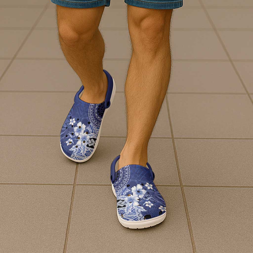 Samoa Siapo Pattern With Navy Hibiscus Clogs Shoes LT05 - Polynesian Pride