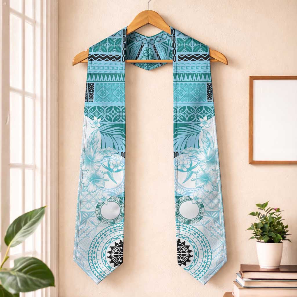 Samoa Siapo Pattern With Teal Hibiscus Graduation Stole LT05 One Size Teal - Polynesian Pride