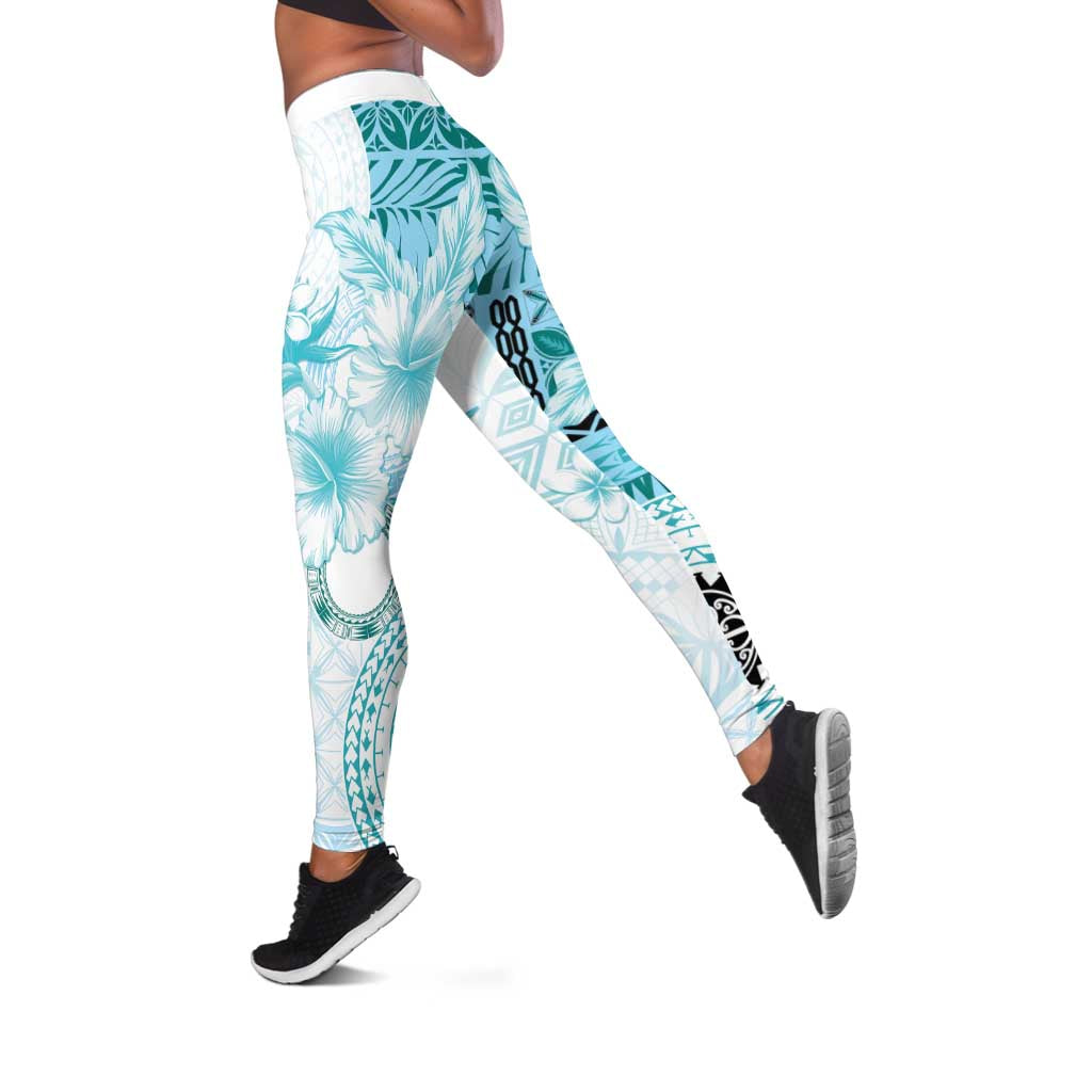Samoa Siapo Pattern With Teal Hibiscus Leggings LT05 Teal - Polynesian Pride