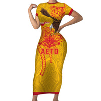 CUSTOMER REQUEST - Personalized American Samoa Fautasi Race Short Red Cuff Sleeve Bodycon Dress Aeto Pago Pago with Eagle Samoan Tribal Patterns LT03 Long Dress Multicolor - Polynesian Pride
