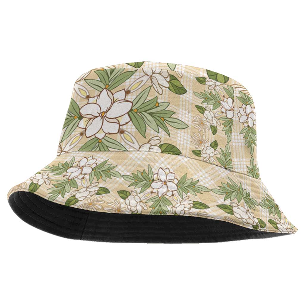 Squares Maile Leaf Bucket Hat Beige Palaka Hawaiian Quilt Pattern LT9 One Size Beige - Polynesian Pride