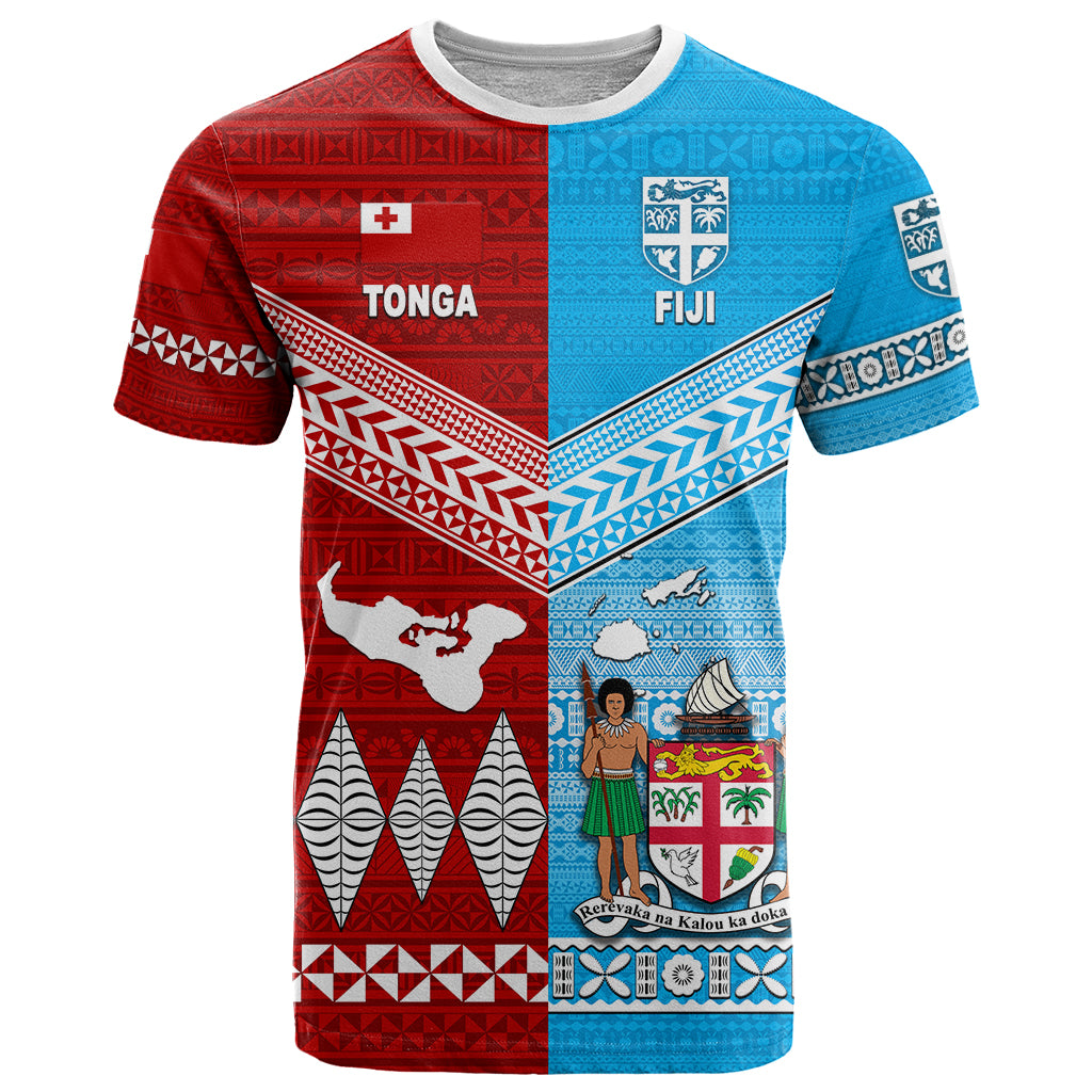 Tonga Ngatu and Fiji Tapa T Shirt Together LT8 Blue - Polynesian Pride