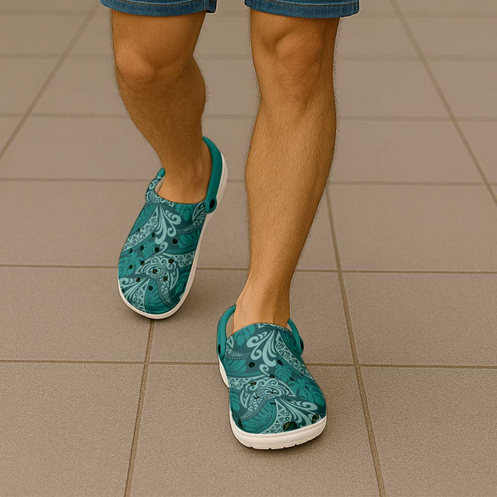 Teal Monstera Clogs Shoes Polynesian Tribal Pattern LT01 - Polynesian Pride
