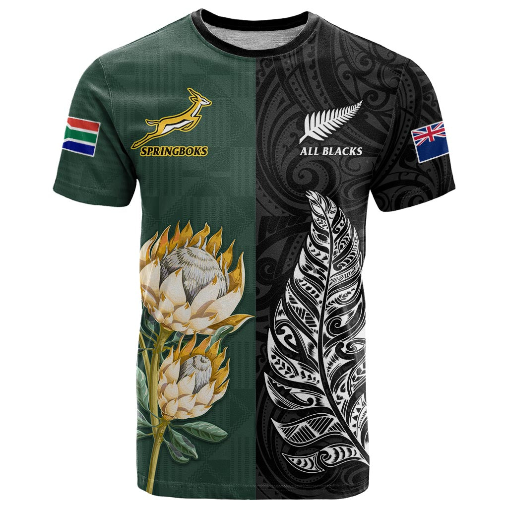 South Africa Protea and New Zealand Fern T Shirt Rugby Go Springboks vs All Black LT13 Art - Polynesian Pride