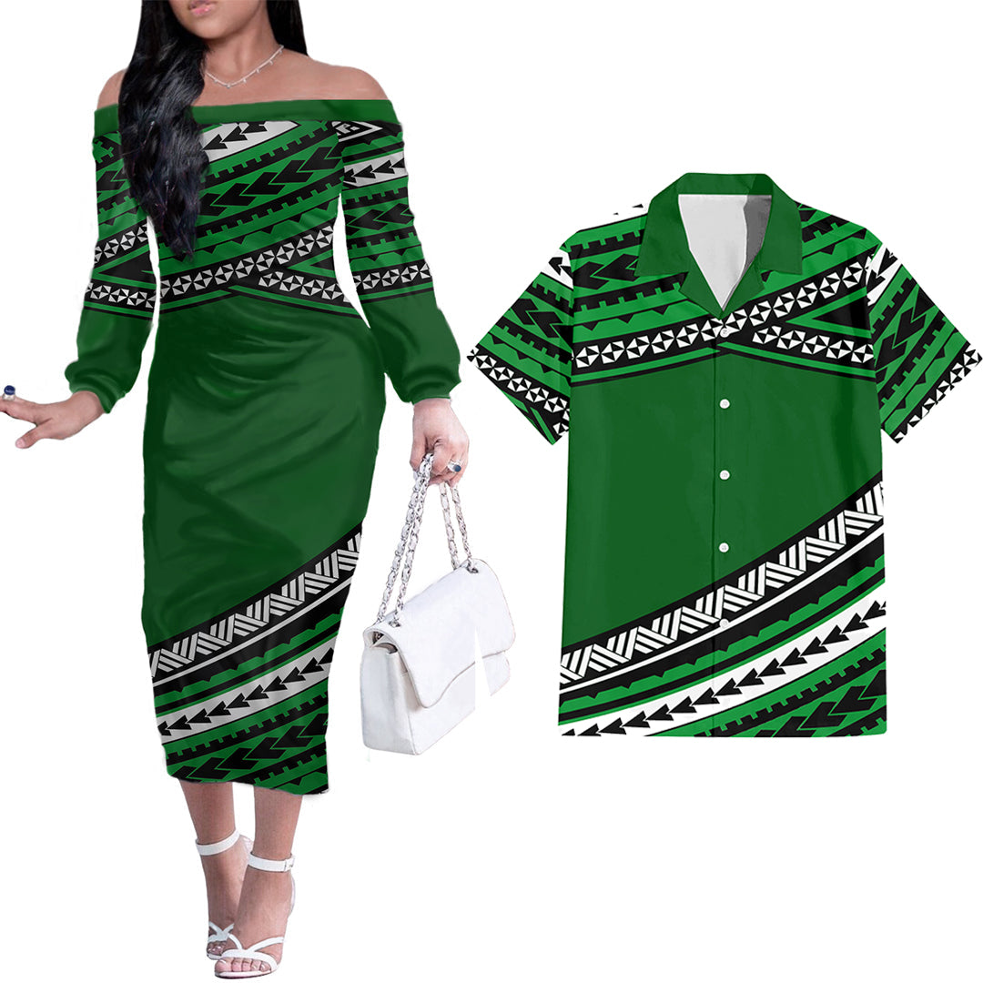 Polynesian Couples Matching Outfits Combo Long Sleeve Dress Simple Green LT6 - Polynesian Pride