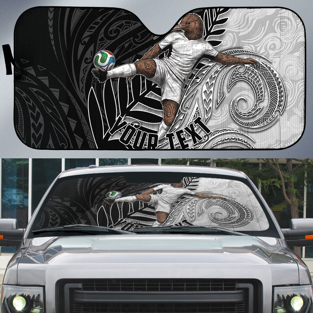 Personalized New Zealand Football Auto Sun Shade Kiwi Mascot with Silver Fern - Maori Tribal Tattoo Art TS04 Black White - Polynesian Pride