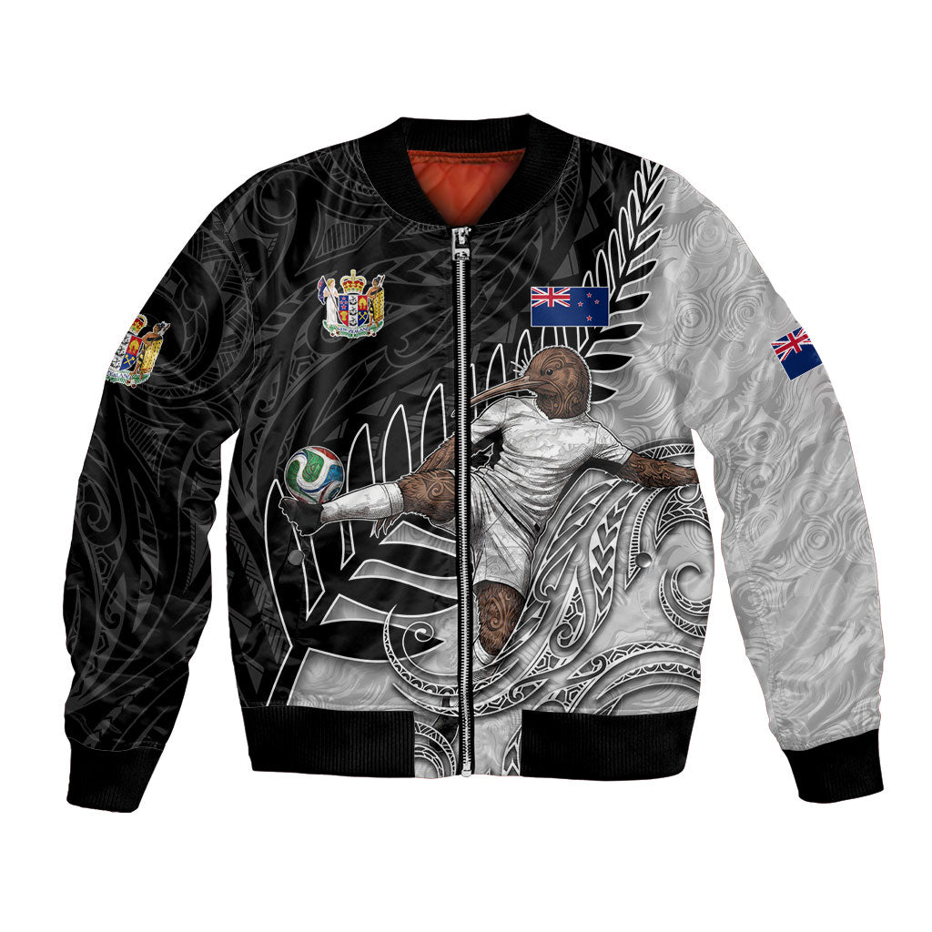 Personalized New Zealand Football Bomber Jacket Kiwi Mascot with Silver Fern - Maori Tribal Tattoo Art TS04 Unisex Black White - Polynesian Pride