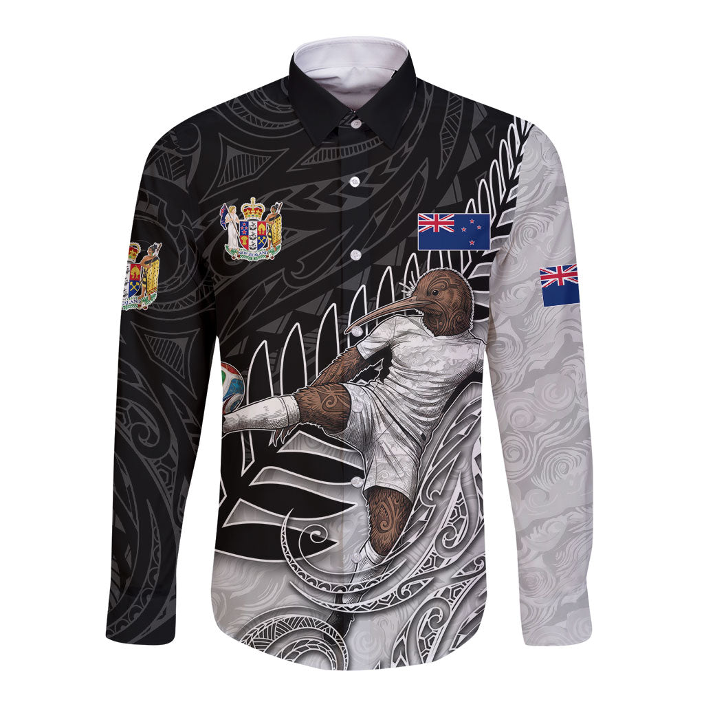 Personalized New Zealand Football Long Sleeve Button Shirt Kiwi Mascot with Silver Fern - Maori Tribal Tattoo Art TS04 Unisex Black White - Polynesian Pride