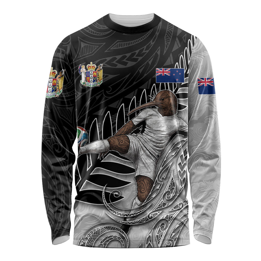 Personalized New Zealand Football Long Sleeve Shirt Kiwi Mascot with Silver Fern - Maori Tribal Tattoo Art TS04 Unisex Black White - Polynesian Pride