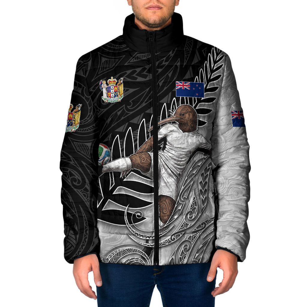 Personalized New Zealand Football Padded Jacket Kiwi Mascot with Silver Fern - Maori Tribal Tattoo Art TS04 Men Black White - Polynesian Pride